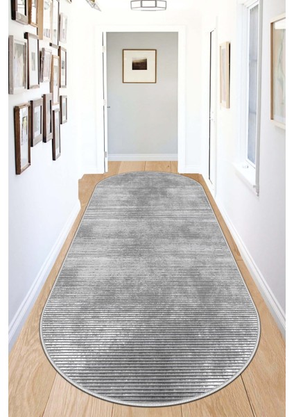 Makinede Yıkanabilir Kaymaz Taban Leke Tutmaz Gri Oval Salon Halısı Mutfak Halısı ve Yolluk