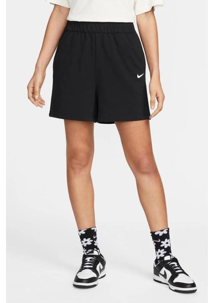Sportswear Essential Loose Fit Jersey Shorts Bol Kesim Ağır Modal Kadın Şort Siyah