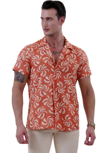 Turuncu Bej Çiçek Baskılı Trend Hawaii Rahat Kesim Kısakol Yazlık Gömlek modelleri
