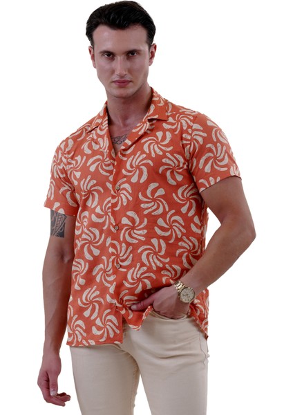 Turuncu Bej Çiçek Baskılı Trend Hawaii Rahat Kesim Kısakol Yazlık Gömlek fırsatları