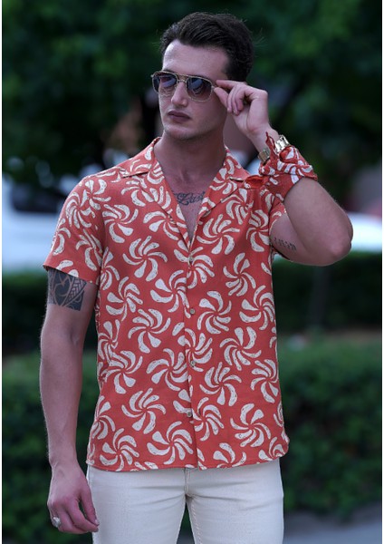 Turuncu Bej Çiçek Baskılı Trend Hawaii Rahat Kesim Kısakol Yazlık Gömlek indirimleri