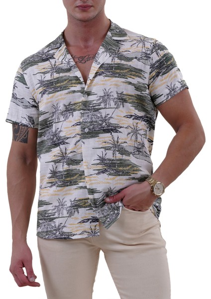 Beyaz Sarı Yeşil Palmiye Baskılı Hawaii Rahat Kesim Kısakol Yazlık Gömlek