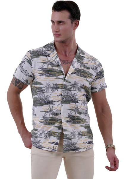 Beyaz Sarı Yeşil Palmiye Baskılı Hawaii Rahat Kesim Kısakol Yazlık Gömlek modelleri