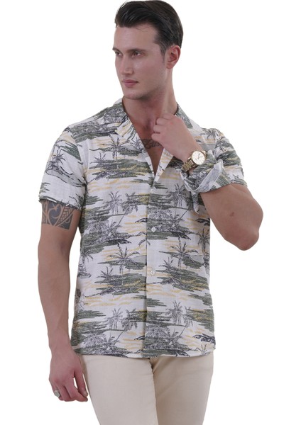 Beyaz Sarı Yeşil Palmiye Baskılı Hawaii Rahat Kesim Kısakol Yazlık Gömlek fırsatları