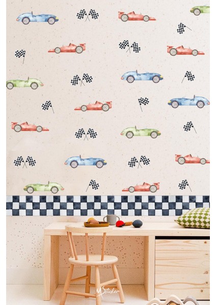 Dekoratif Yarış Arabaları ve Bordür Çocuk Odası Duvar Cam Kapı Sticker