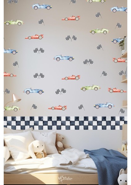 Dekoratif Yarış Arabaları ve Bordür Çocuk Odası Duvar Cam Kapı Sticker fiyatları