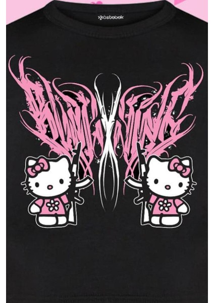 Siyah Gothic Hello Kitty Militant Crop T-Shirt