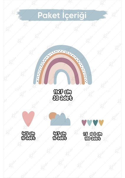 Boho Gökkuşağı Kalpler ve Figürler Çocuk Bebek Odası Duvar Sticker Seti, Pastel Renklerde Gökkuşağı