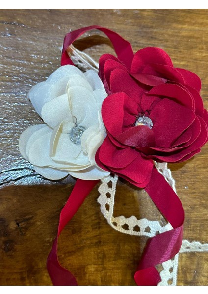 10X6 cm Ekru Kırmızı Güllü Taşlı Broş Yaka Iğnesi