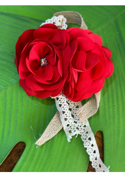 12X8 cm Kırmızı Taşlı Çift Güllü Tasarım Broş Yaka Iğnesi