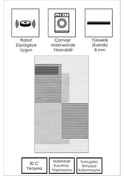 Makinede Yıkanabilir Kaymaz Taban Leke Tutmaz Gri Çizgili Salon Halısı Mutfak Halısı ve Yolluk