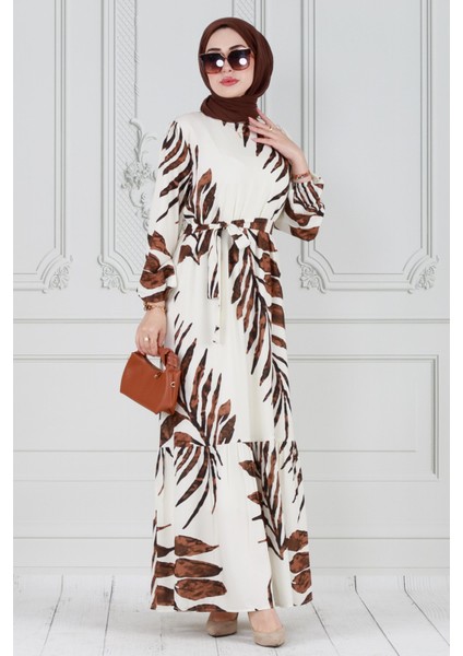 Palmiye Desenli Eteği Fırfır Viskon Elbise-Kahverengi