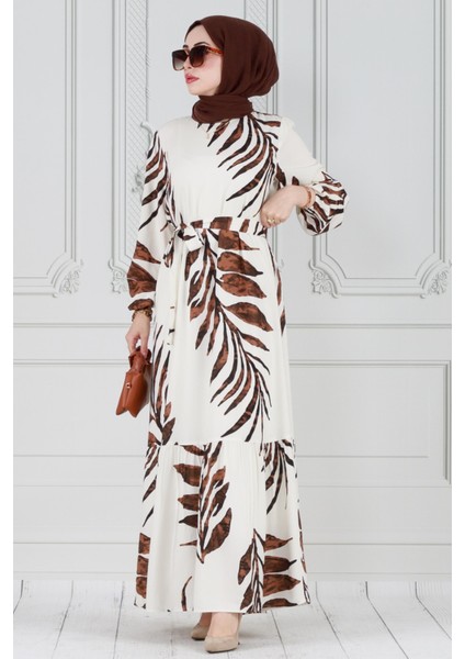 Palmiye Desenli Eteği Fırfır Viskon Elbise-Kahverengi fiyatları