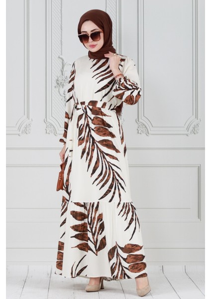 Palmiye Desenli Eteği Fırfır Viskon Elbise-Kahverengi modelleri