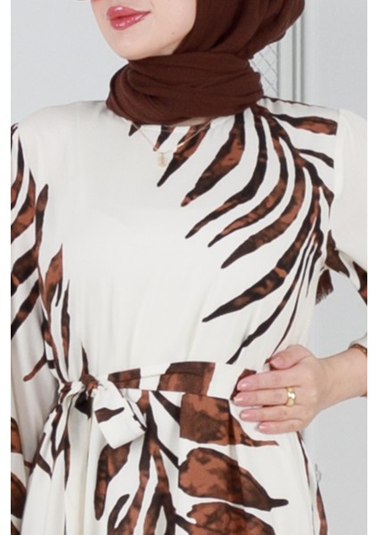 Palmiye Desenli Eteği Fırfır Viskon Elbise-Kahverengi fırsatları