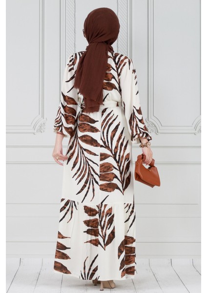 Palmiye Desenli Eteği Fırfır Viskon Elbise-Kahverengi indirimleri