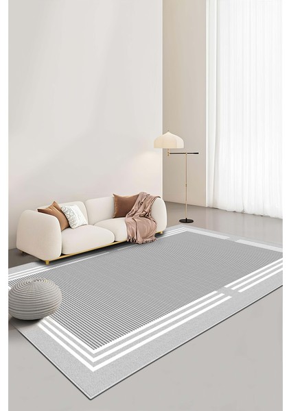 Makinede Yıkanabilir Kaymaz Taban Leke Tutmaz Gri Çizgili Salon Halısı Mutfak Halısı ve Yolluk