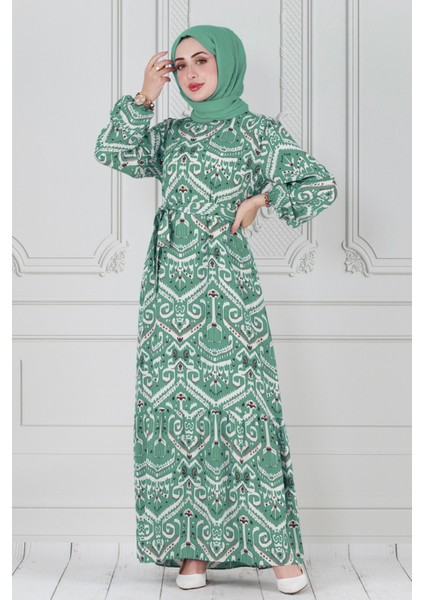 Motif Desen Beli Kuşaklı Viskon Elbise-Mint Yeşili