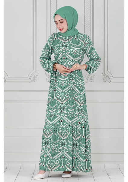 Motif Desen Beli Kuşaklı Viskon Elbise-Mint Yeşili fiyatları