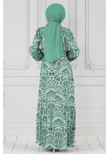 Motif Desen Beli Kuşaklı Viskon Elbise-Mint Yeşili indirimleri