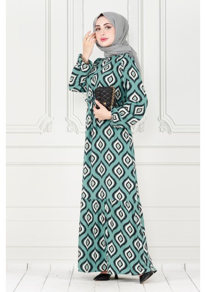 Eteği Fırfır Ikat Desen Viscon Elbise-Mint Yeşili