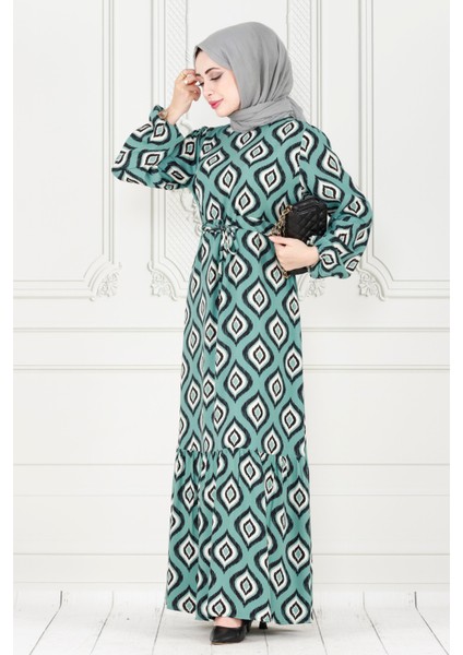 Eteği Fırfır Ikat Desen Viscon Elbise-Mint Yeşili fiyatları
