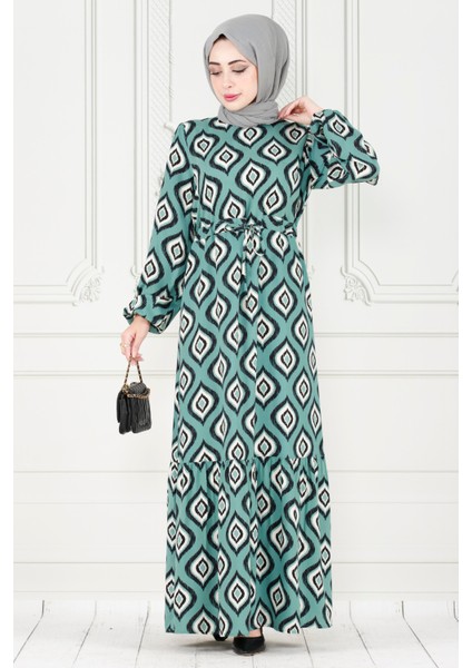 Eteği Fırfır Ikat Desen Viscon Elbise-Mint Yeşili modelleri