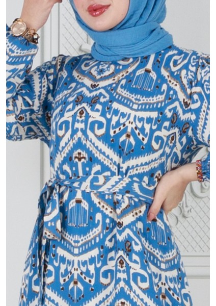 Motif Desen Beli Kuşaklı Viskon Elbise-Mavi