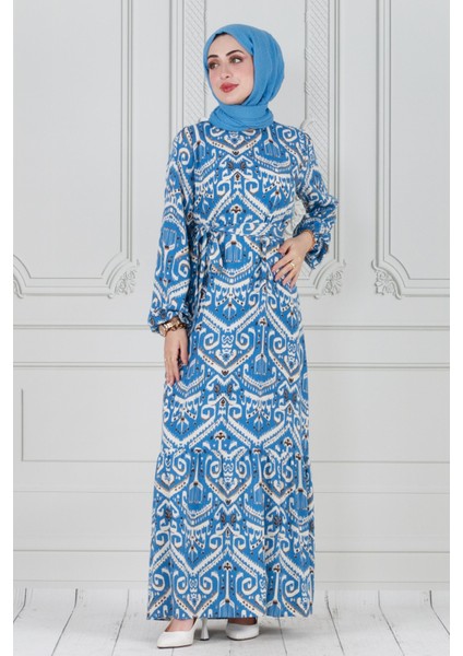 Motif Desen Beli Kuşaklı Viskon Elbise-Mavi