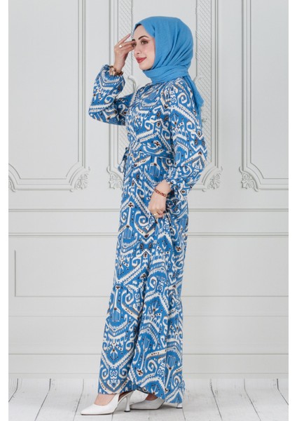 Motif Desen Beli Kuşaklı Viskon Elbise-Mavi modelleri