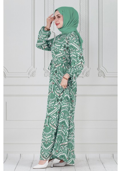 Motif Desen Beli Kuşaklı Viskon Elbise-Mint Yeşili modelleri