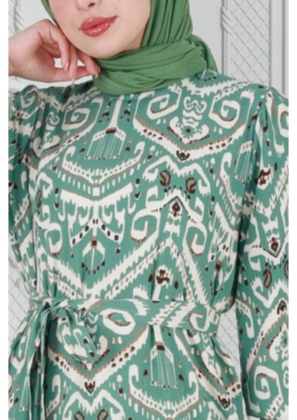 Motif Desen Beli Kuşaklı Viskon Elbise-Mint Yeşili fırsatları