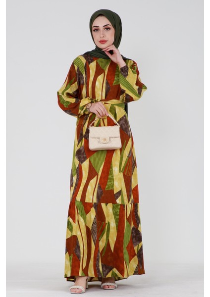 Açelya Eteği Volanlı Viskon Elbise-Sarı