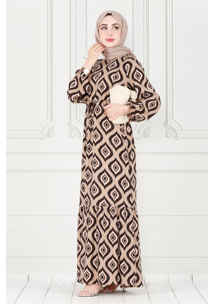 Eteği Fırfır Ikat Desen Viscon Elbise-Vizon fiyatları