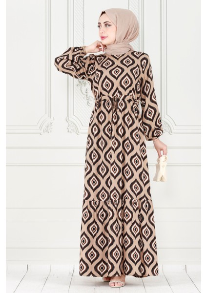 Eteği Fırfır Ikat Desen Viscon Elbise-Vizon modelleri