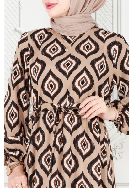 Eteği Fırfır Ikat Desen Viscon Elbise-Vizon fırsatları