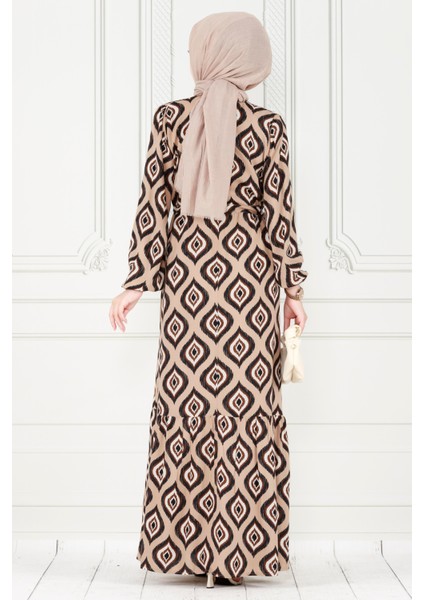 Eteği Fırfır Ikat Desen Viscon Elbise-Vizon indirimleri