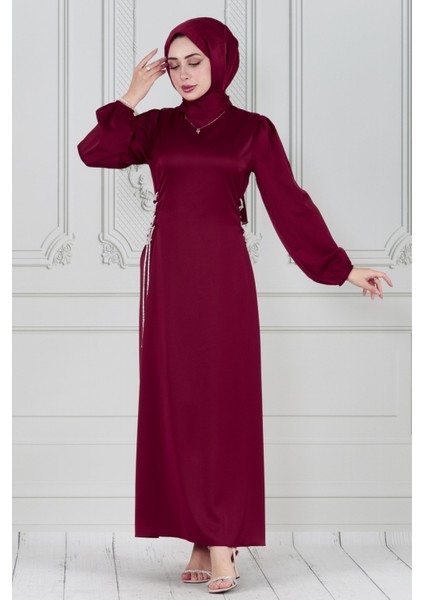 Bağcığı Taş Detaylı Saten Abiye-Bordo