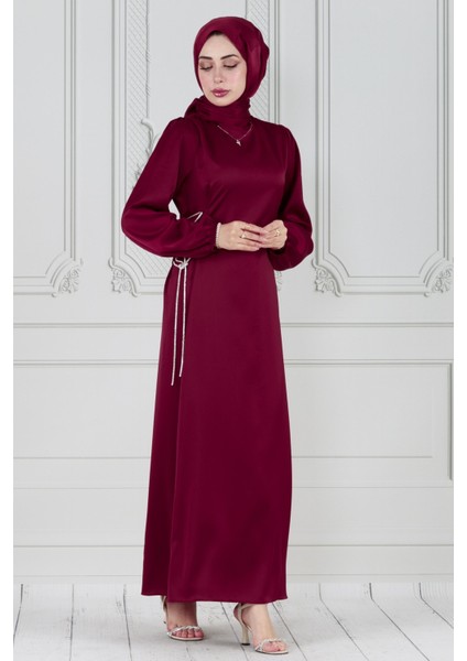 Bağcığı Taş Detaylı Saten Abiye-Bordo