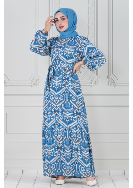 Motif Desen Beli Kuşaklı Viskon Elbise-Mavi fiyatları