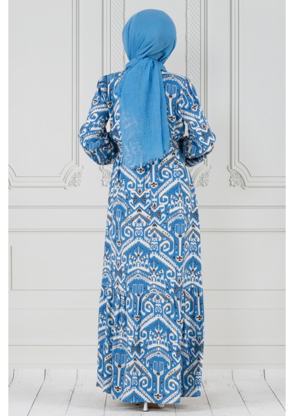 Motif Desen Beli Kuşaklı Viskon Elbise-Mavi indirimleri