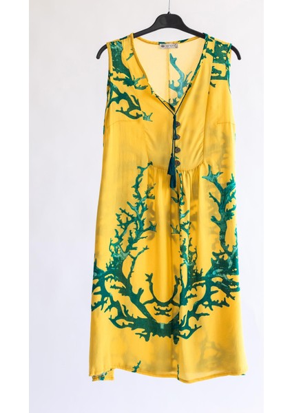 Mercan Desenli Sarı Elbise