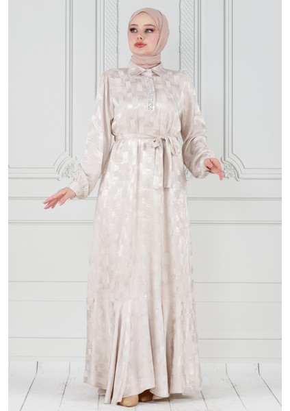 Gömlek Yaka Taş Detay Saten Abiye-Bej