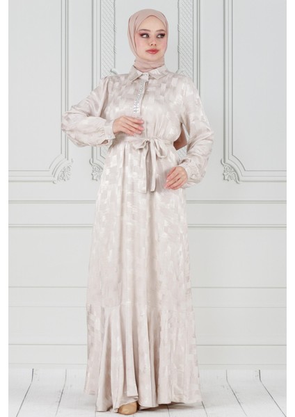 Gömlek Yaka Taş Detay Saten Abiye-Bej fiyatları