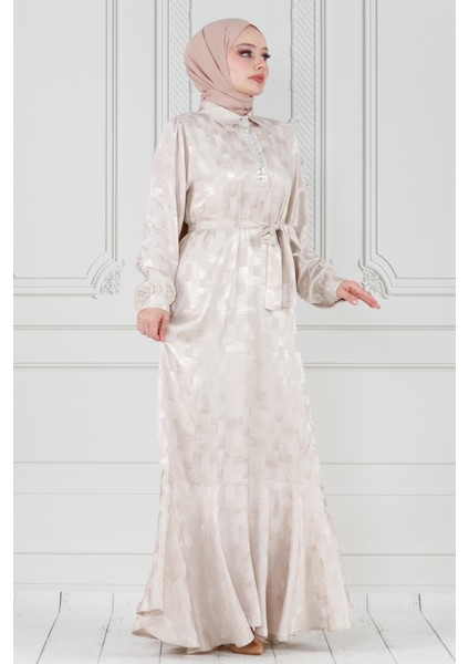 Gömlek Yaka Taş Detay Saten Abiye-Bej modelleri