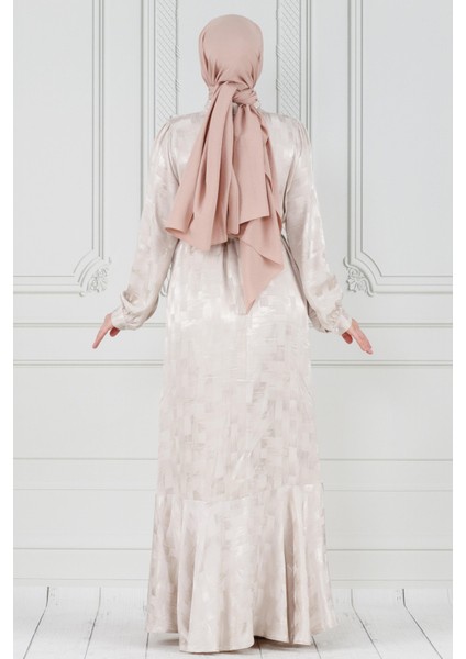 Gömlek Yaka Taş Detay Saten Abiye-Bej indirimleri