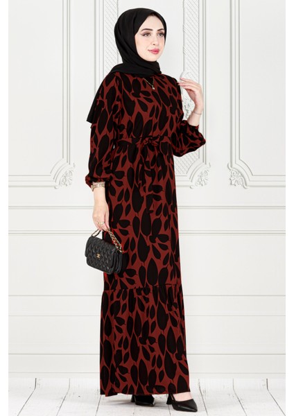 Eteği Fırfır Yaprak Desenli Viscon Elbise-Bordo fiyatları