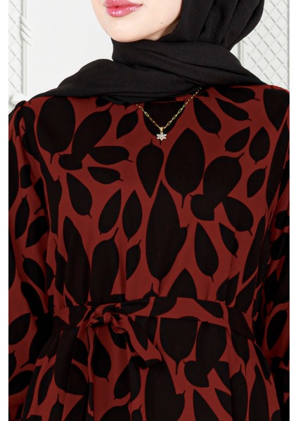 Eteği Fırfır Yaprak Desenli Viscon Elbise-Bordo fırsatları