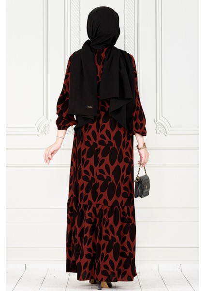 Eteği Fırfır Yaprak Desenli Viscon Elbise-Bordo indirimleri