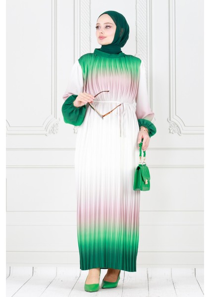 Piliseli Ebruli Tesettür Elbise-Zümrüt Yeşili fiyatları